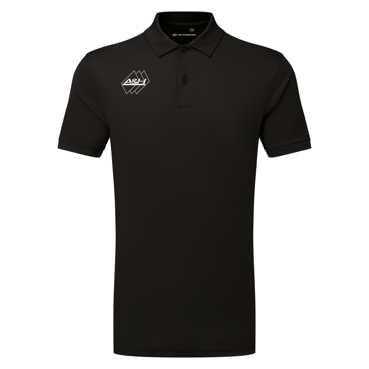 A&H black referee polo shirt with small A&H logo, front view