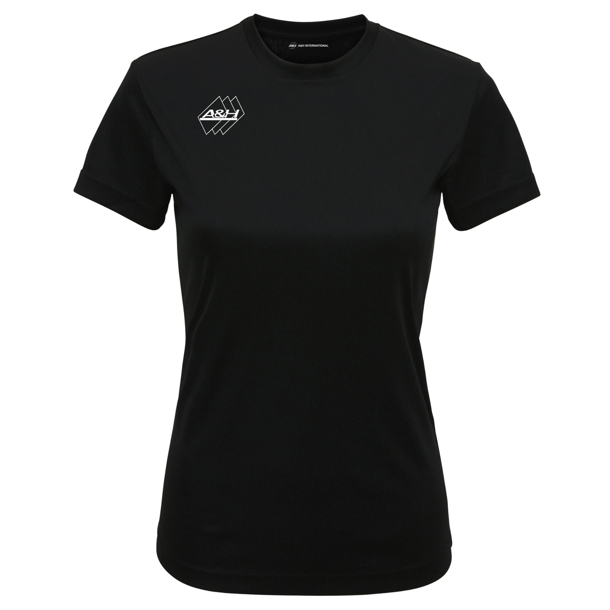 A&H women's black referee training top with small A&H logo, front view