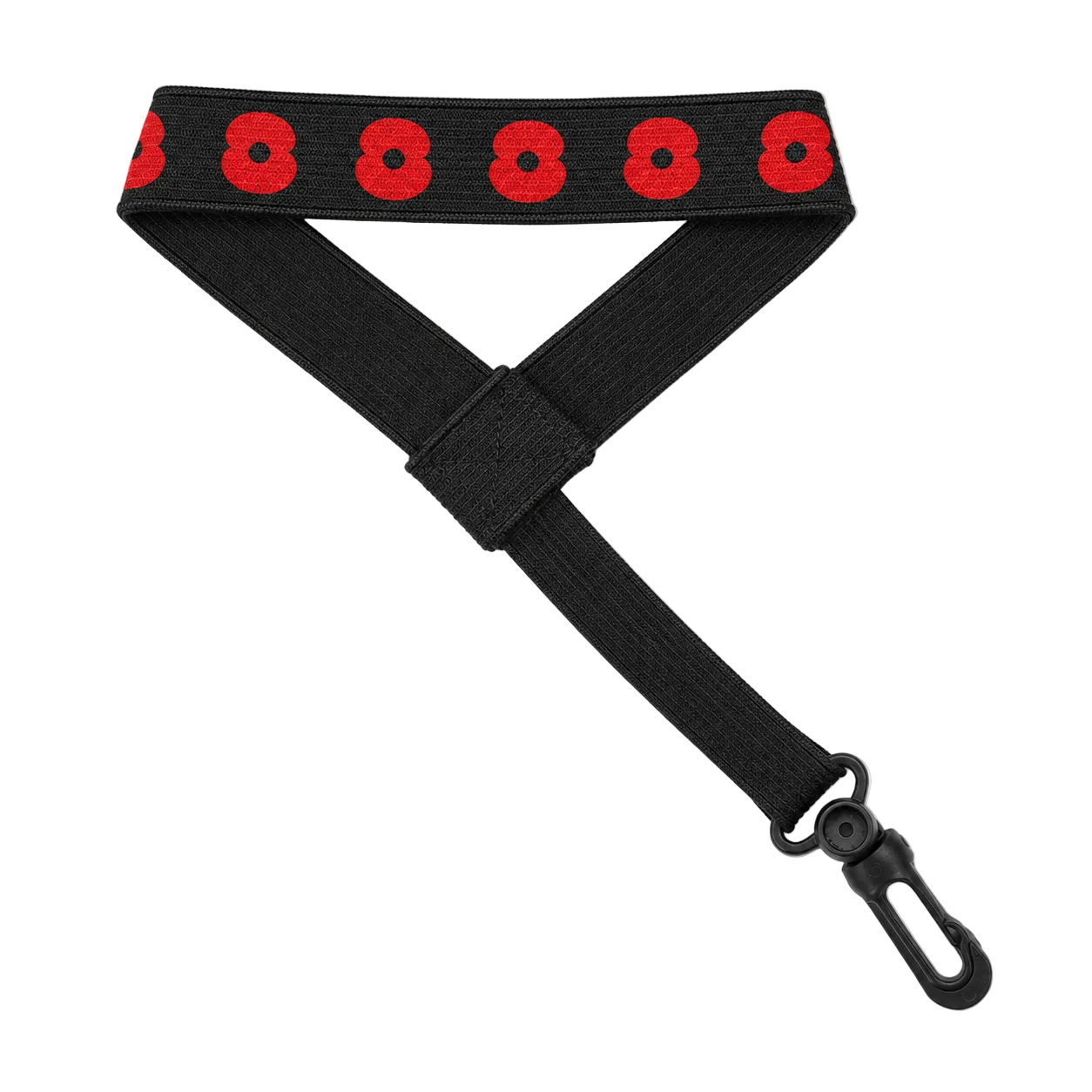A black webbed strap with a repeating red poppy pattern along the top edge and a black metal swivel clasp at the end.