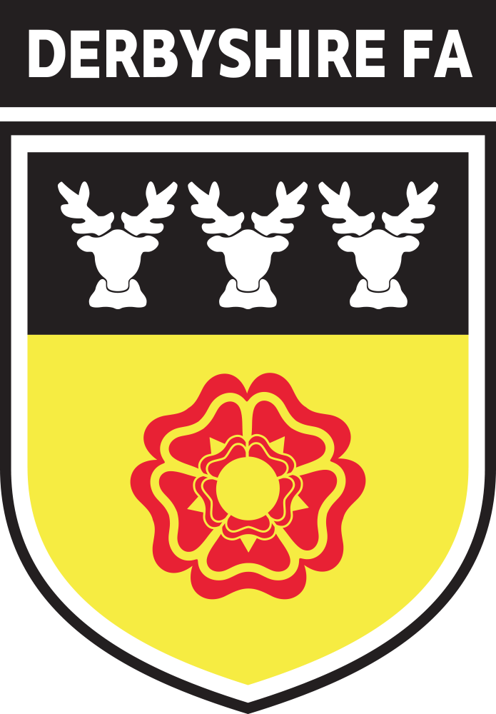 Derbyshire FA referee badge: black and yellow shield with three stag heads and a Tudor rose