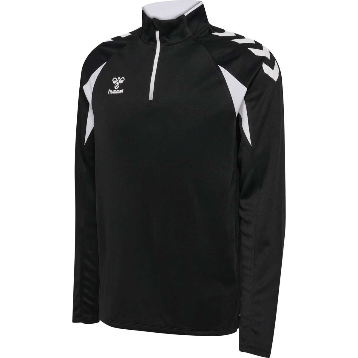 Hummel 2026/28 black referee 1/4-zip midlayer with white chevron sleeves, front view