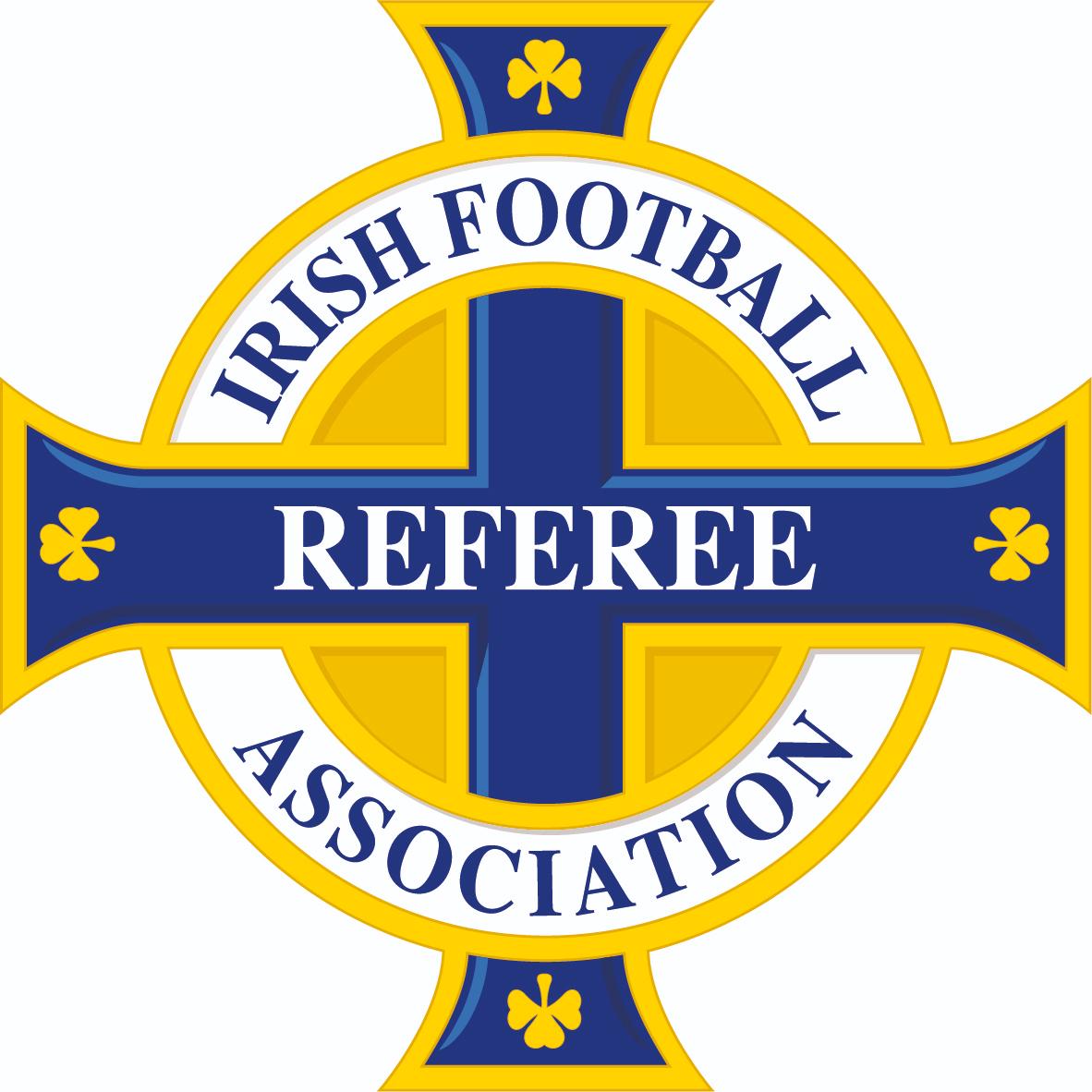Irish FA referee badge: blue and gold cross with Irish Football Association Referee text