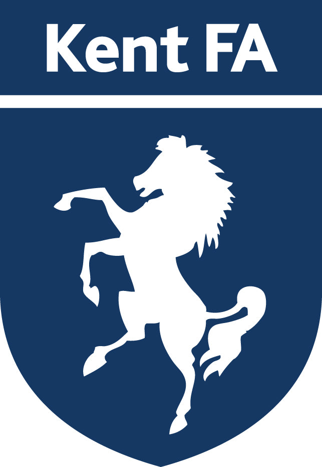 Kent FA logo featuring a white rearing horse on a dark blue shield background with bold "Kent FA" text above.