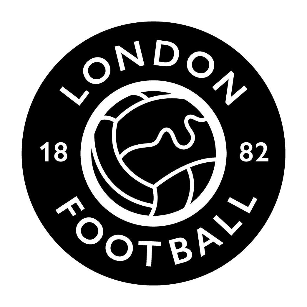 Black circular logo with "London Football" in bold white text. A stylized football design is central, with "1882" split on either side. Clean, classic look.