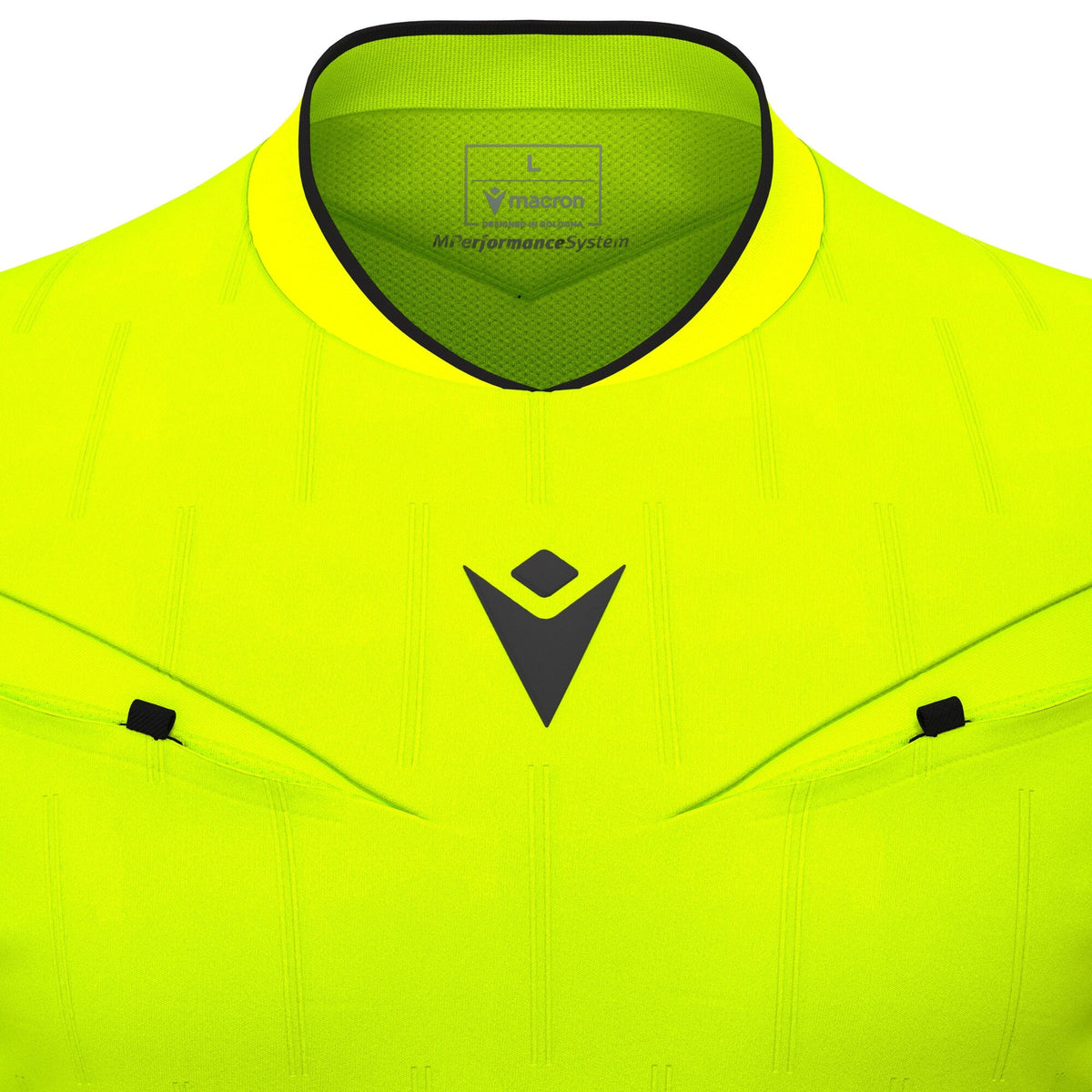 Close-up of the collar and Macron logo on the yellow Macron Mendez referee shirt