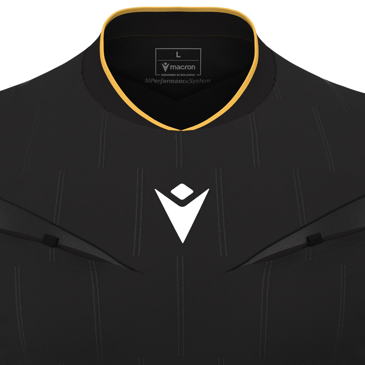 Close-up of the gold-trimmed collar and Macron logo on the black Macron Mendez referee shirt