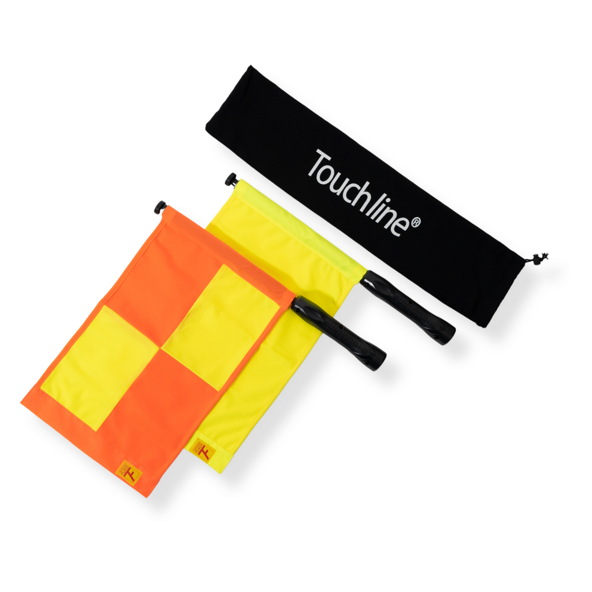 Touchline flag set: two red and yellow chequered flags with black drawstring bag