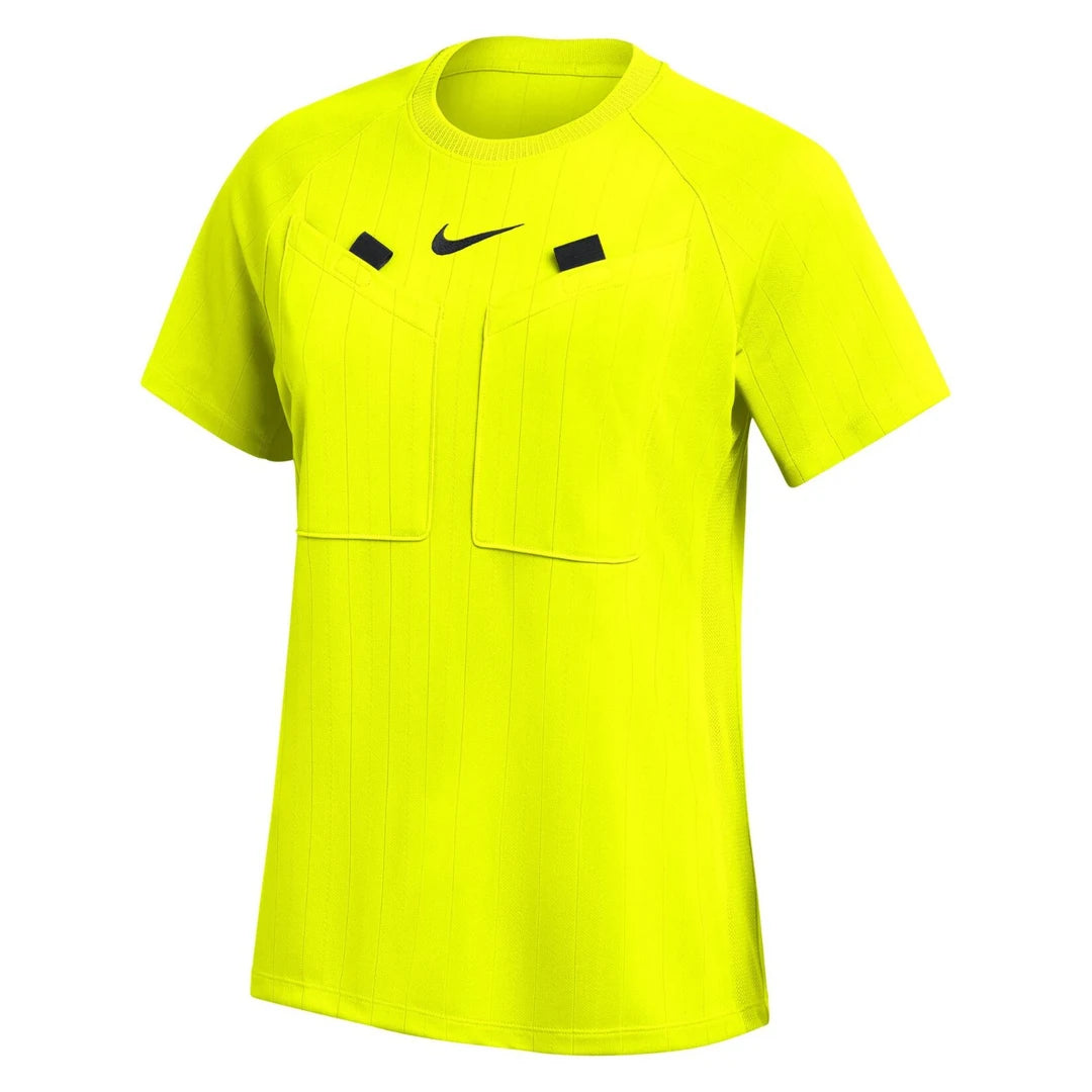 Nike 2026 women's short-sleeve referee shirt in Volt yellow, front view
