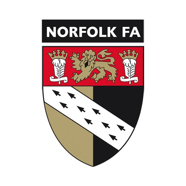 Norfolk FA referee badge: shield with a gold lion over black and white ermine
