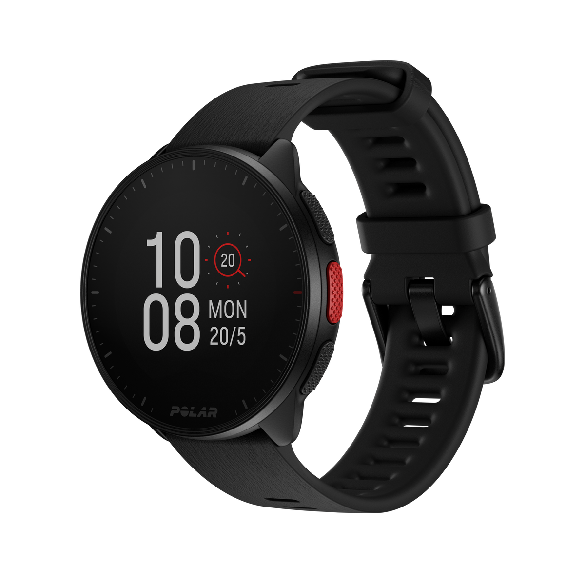 Polar Pacer black GPS running watch, front left view with time display