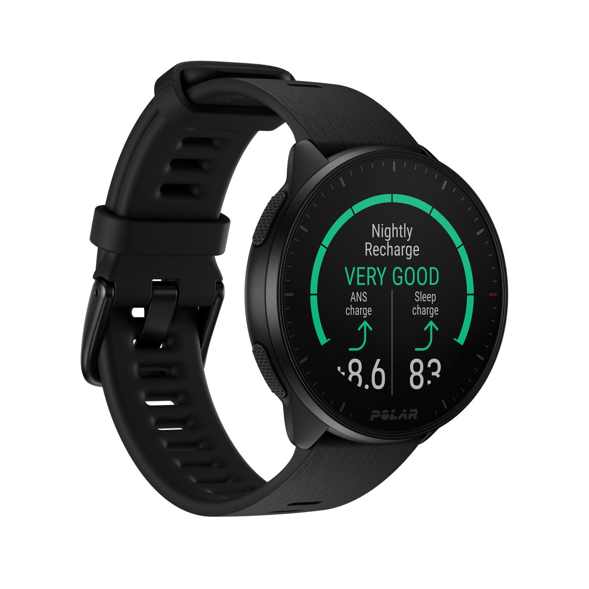 Polar Pacer black GPS running watch showing the nightly recharge screen