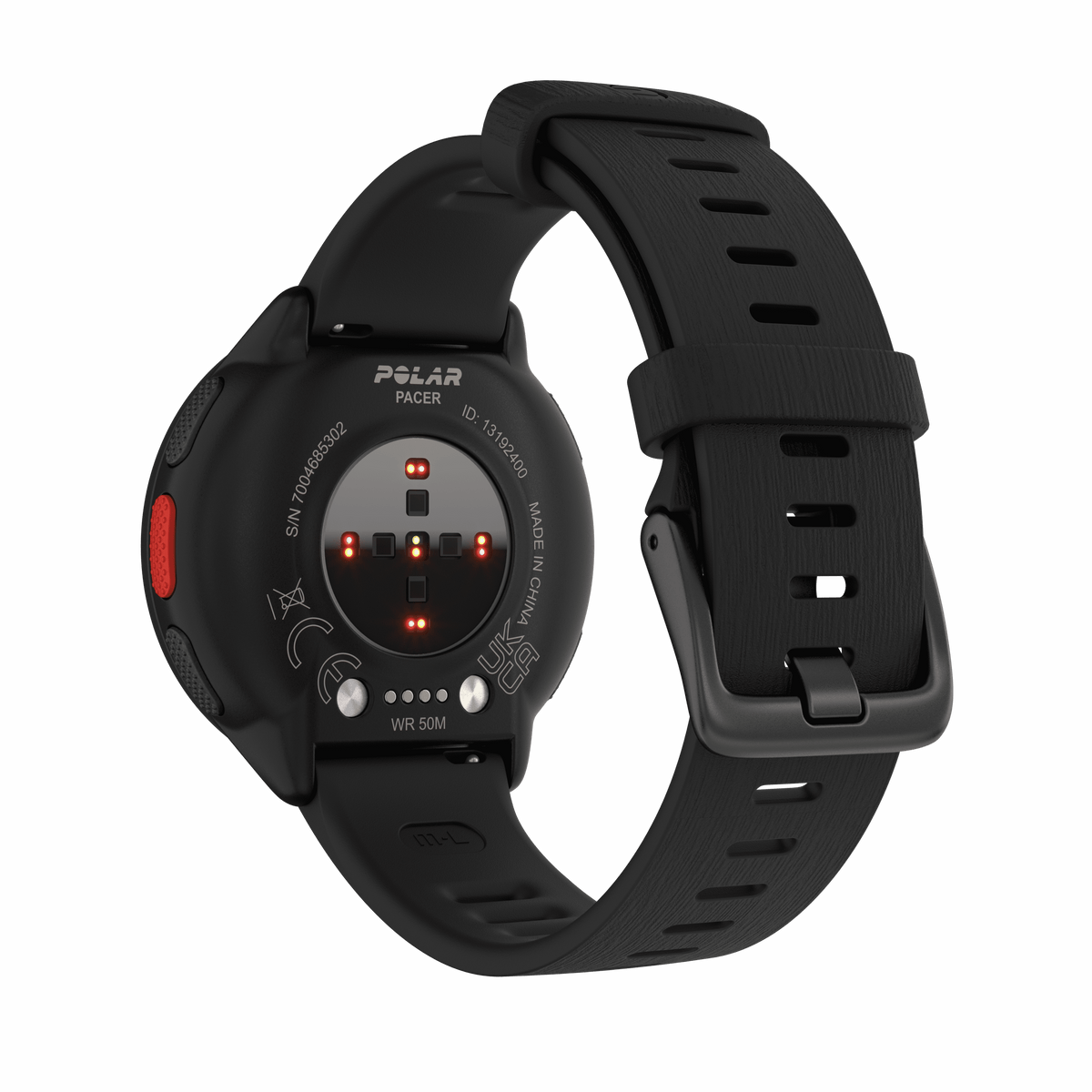 Polar Pacer black GPS running watch, back view showing the heart rate sensor