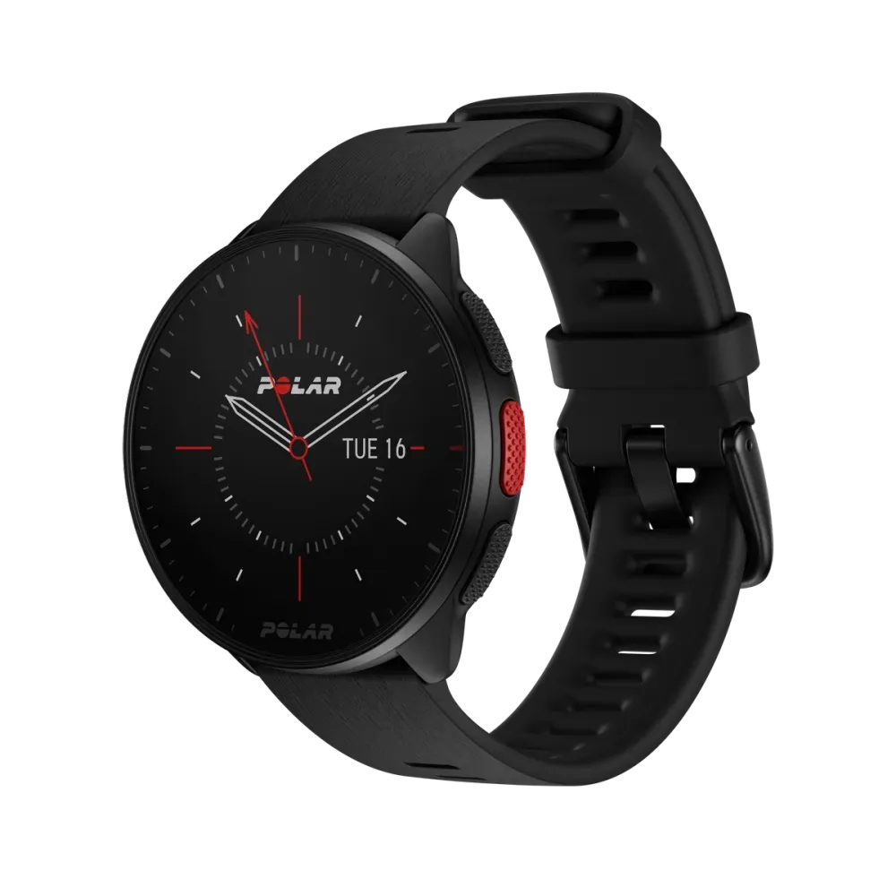 Polar Pacer black GPS running watch, angled view
