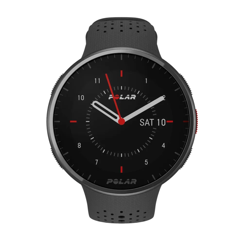 Polar Pacer Pro carbon grey GPS running watch, front view