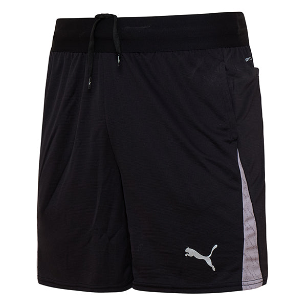 Puma black referee shorts with grey side panel, front view