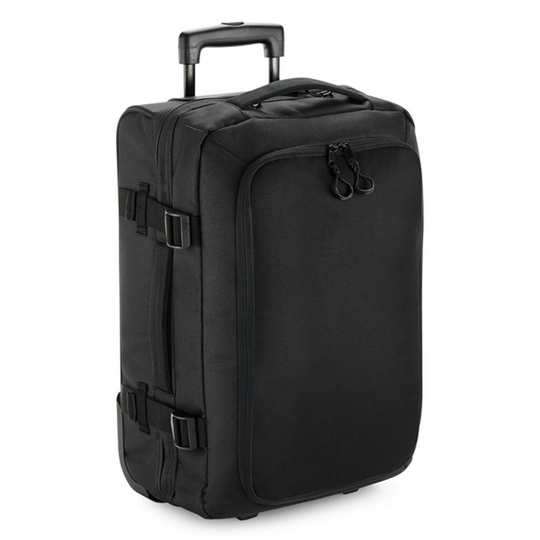 A&H black wheeled roller bag with extended handle, front view