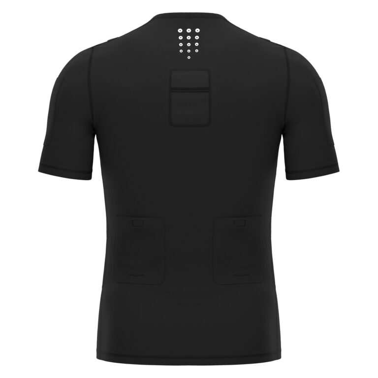 Macron UEFA black short-sleeve referee base layer, back view with communication kit pocket