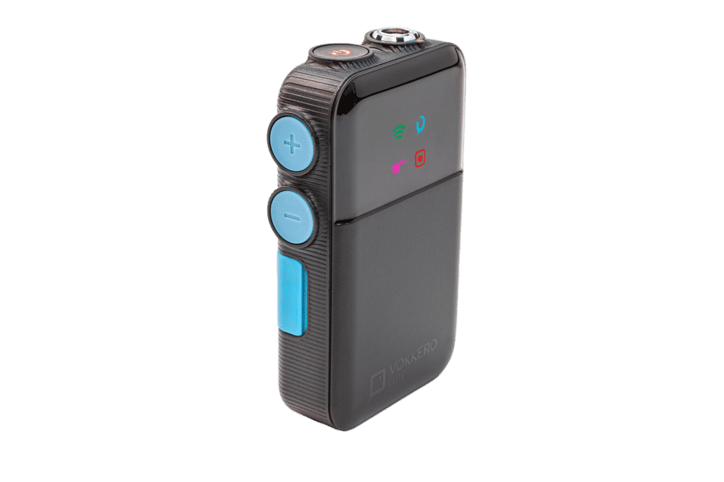A black rectangular electronic device with a textured side, featuring light blue circular buttons, a blue vertical accent, and a small display with colorful icons, shown on a plain white background.