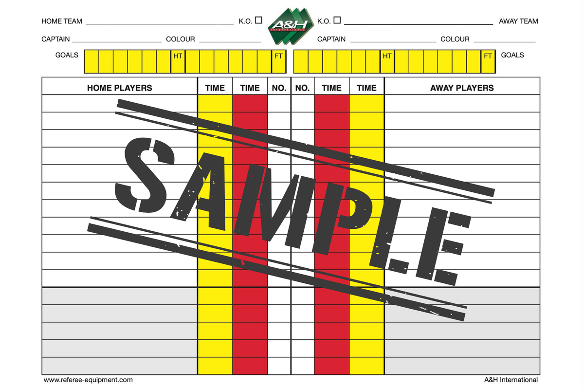 A&H double-sided referee match sheet, front side with red and yellow columns (sample)