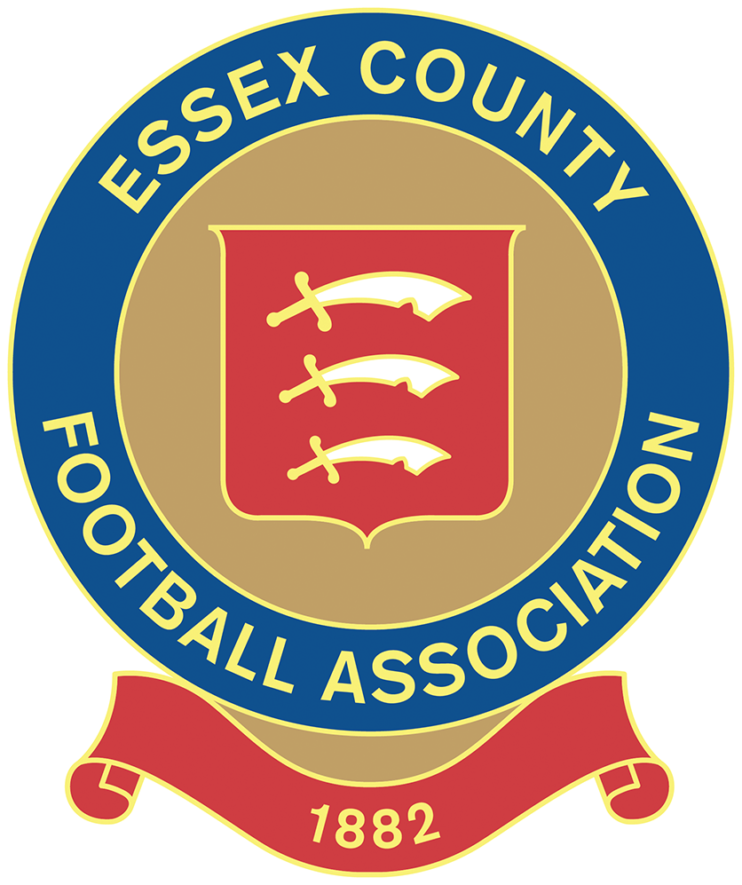 Essex County FA referee badge: blue circle with three seaxes on a red shield, dated 1882