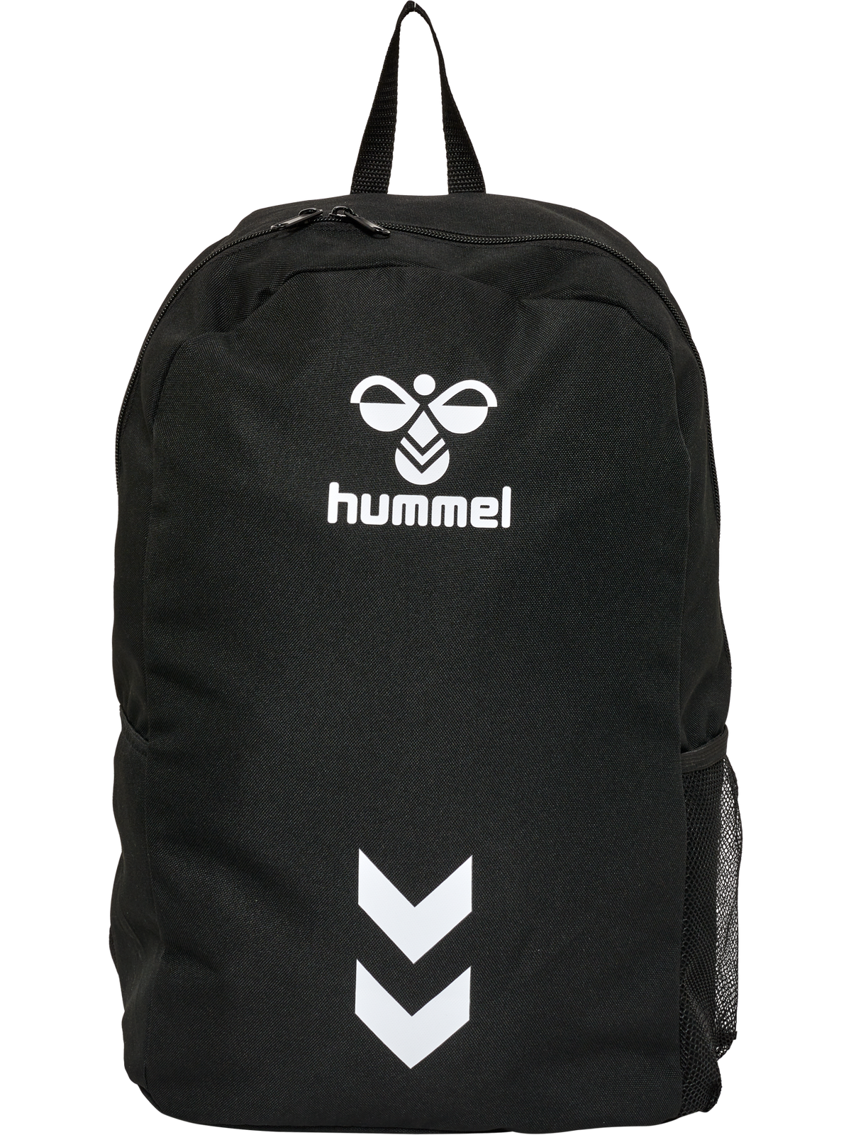 Hummel black backpack with white Hummel logo and chevrons, front view