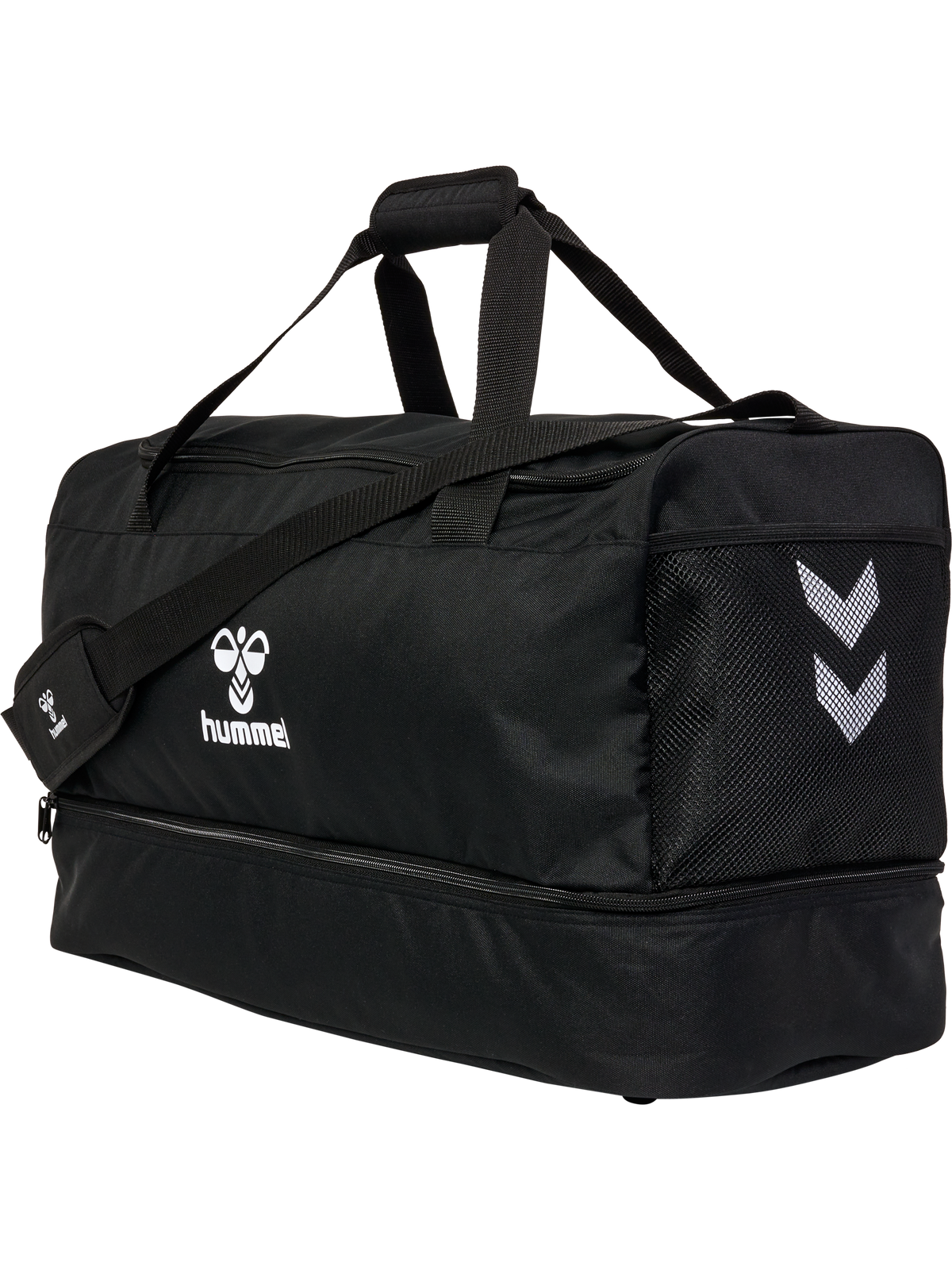 Hummel black 54-litre medium referee bag with white logo and chevrons