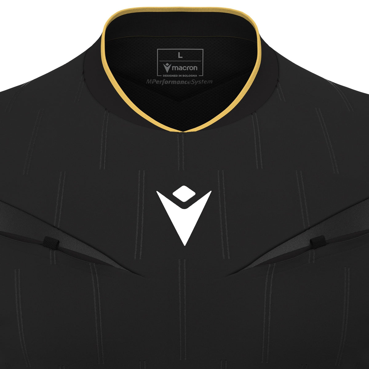 Close-up of the gold-trimmed collar and Macron logo on the black Macron Mendez referee shirt