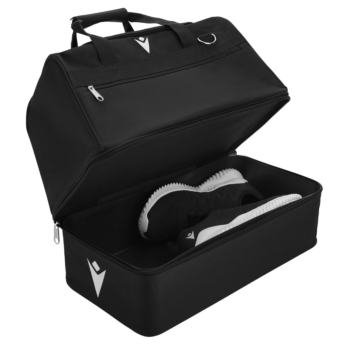 Macron black referee bag with the bottom boot compartment open