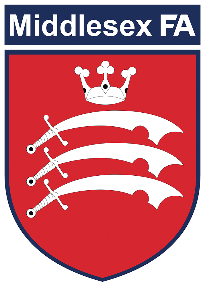 Middlesex FA referee badge: red shield with three seaxes under a crown