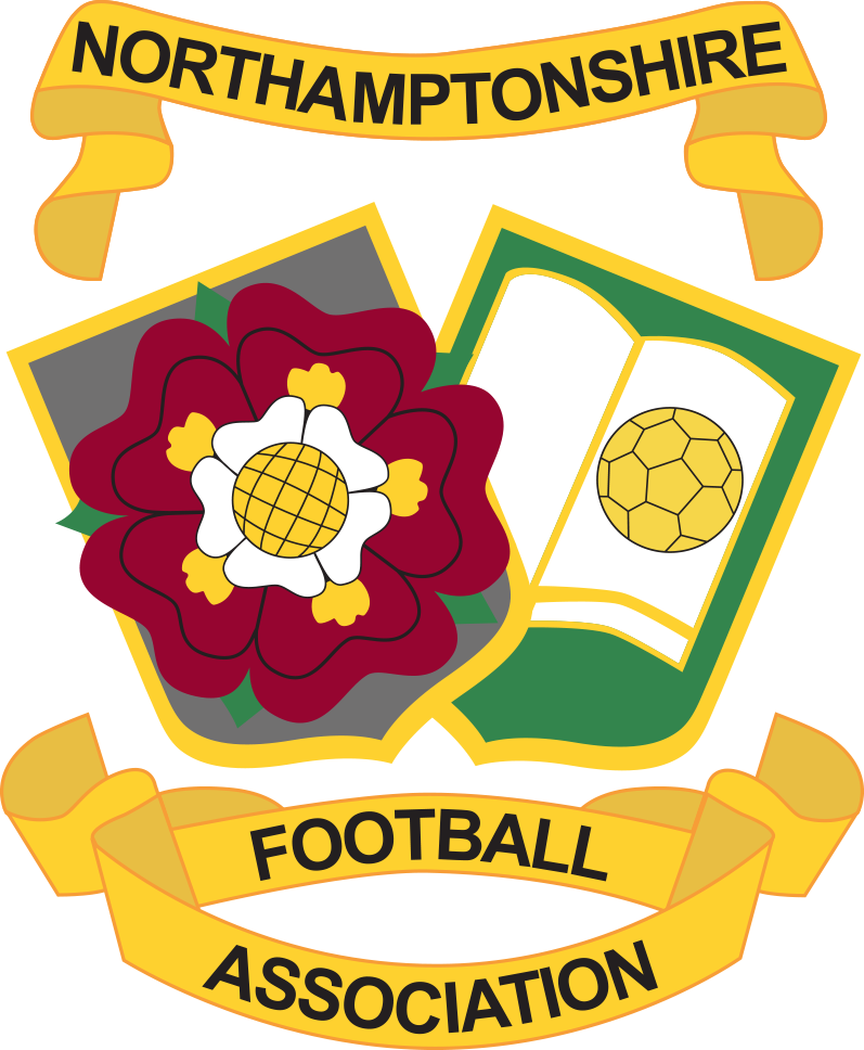 Northamptonshire FA referee badge: yellow scroll with a red rose and football on a shield