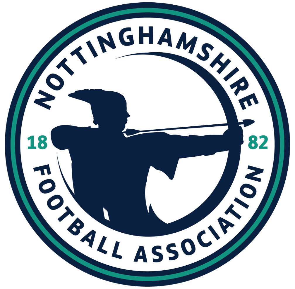 Nottinghamshire FA referee badge: archer silhouette in a teal circle, dated 1882