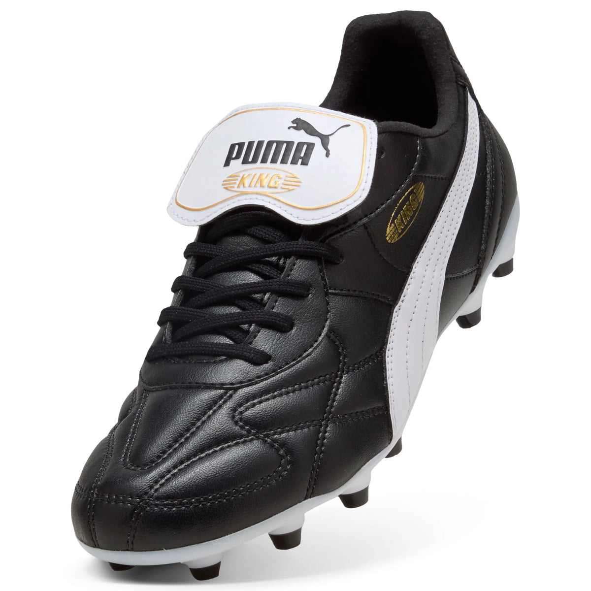 Puma King Top black leather football boot, angled view of the fold-over tongue