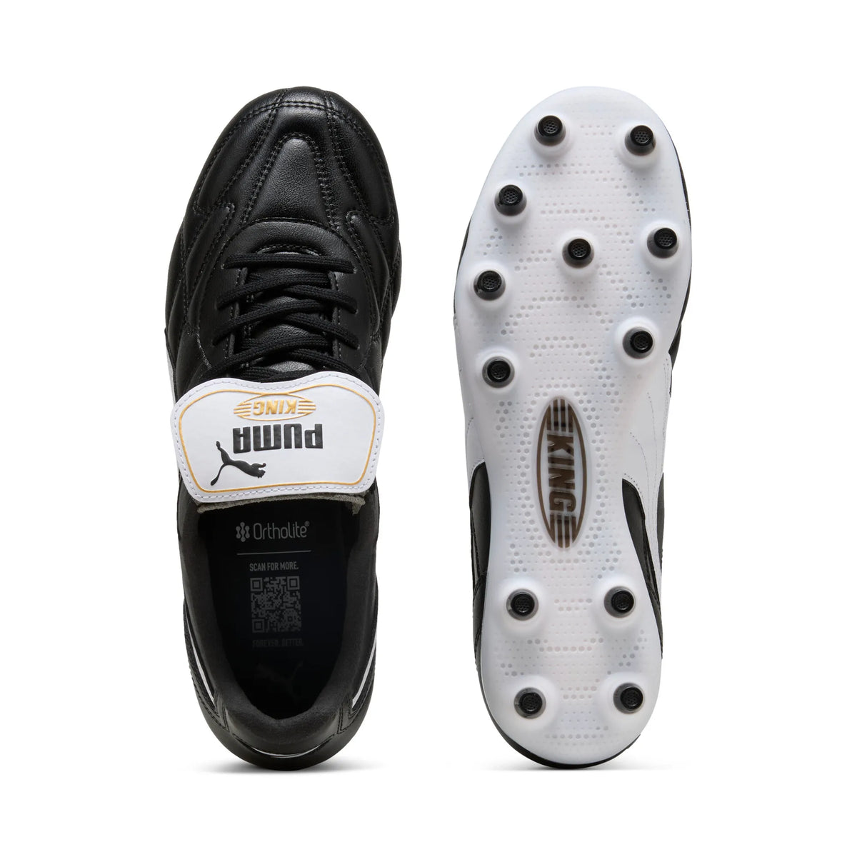 Puma King Top black leather football boots, top view and sole studs