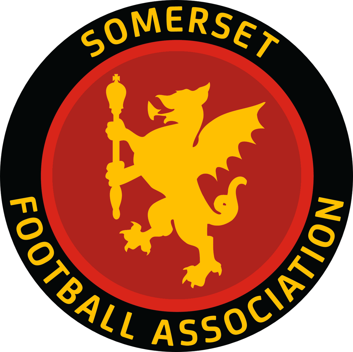 Somerset FA referee badge: gold dragon on a red circle