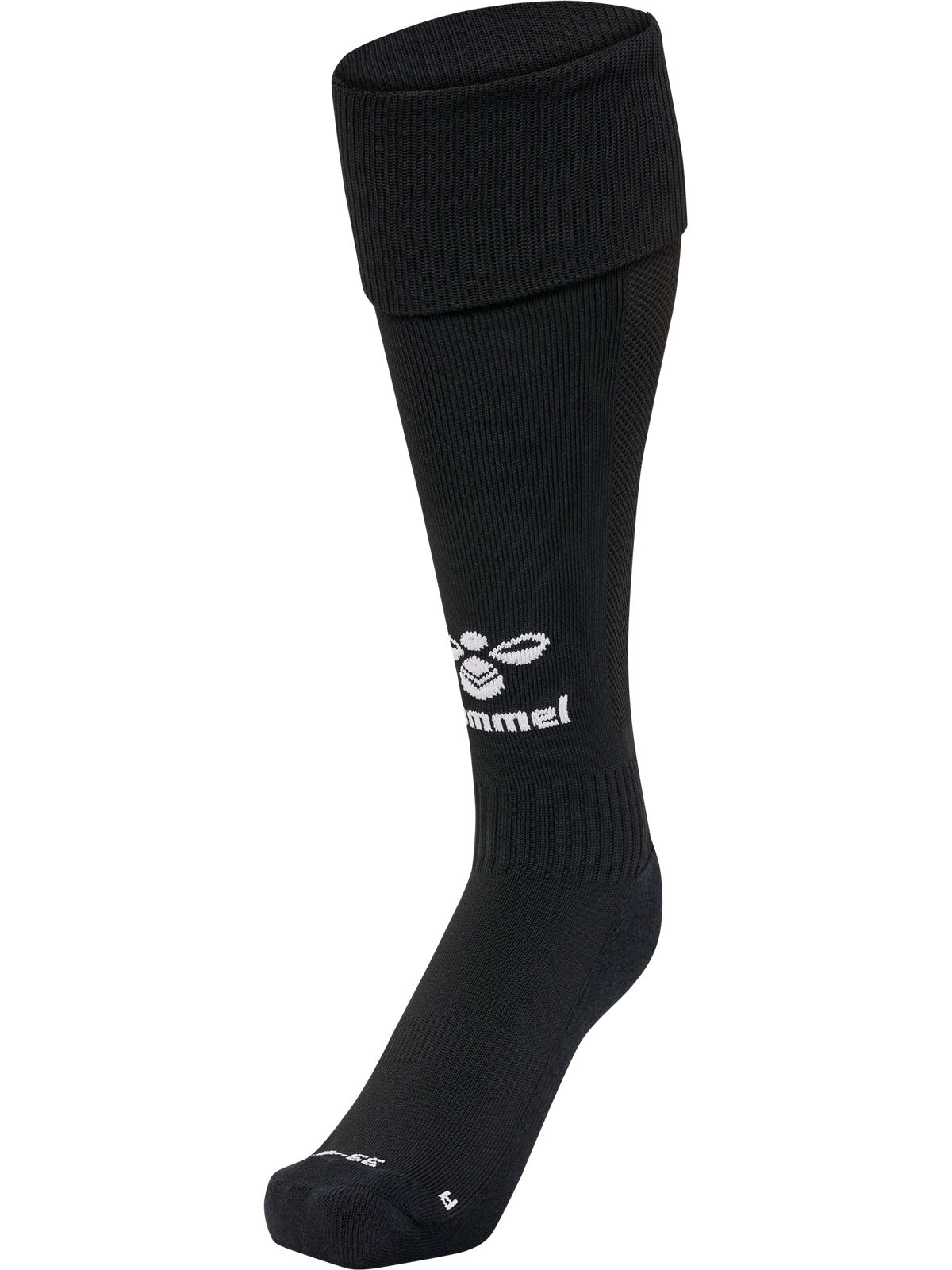 Hummel 2026 black referee socks with white Hummel logo, front view