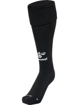 Hummel 2026 black referee socks with white Hummel logo, front view