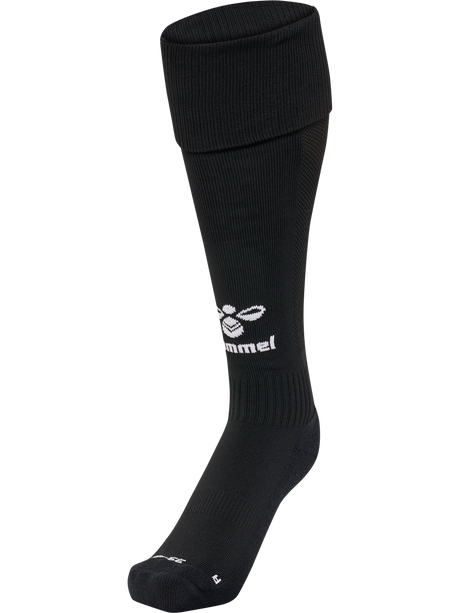 Hummel 2026 black referee socks with white Hummel logo, front view