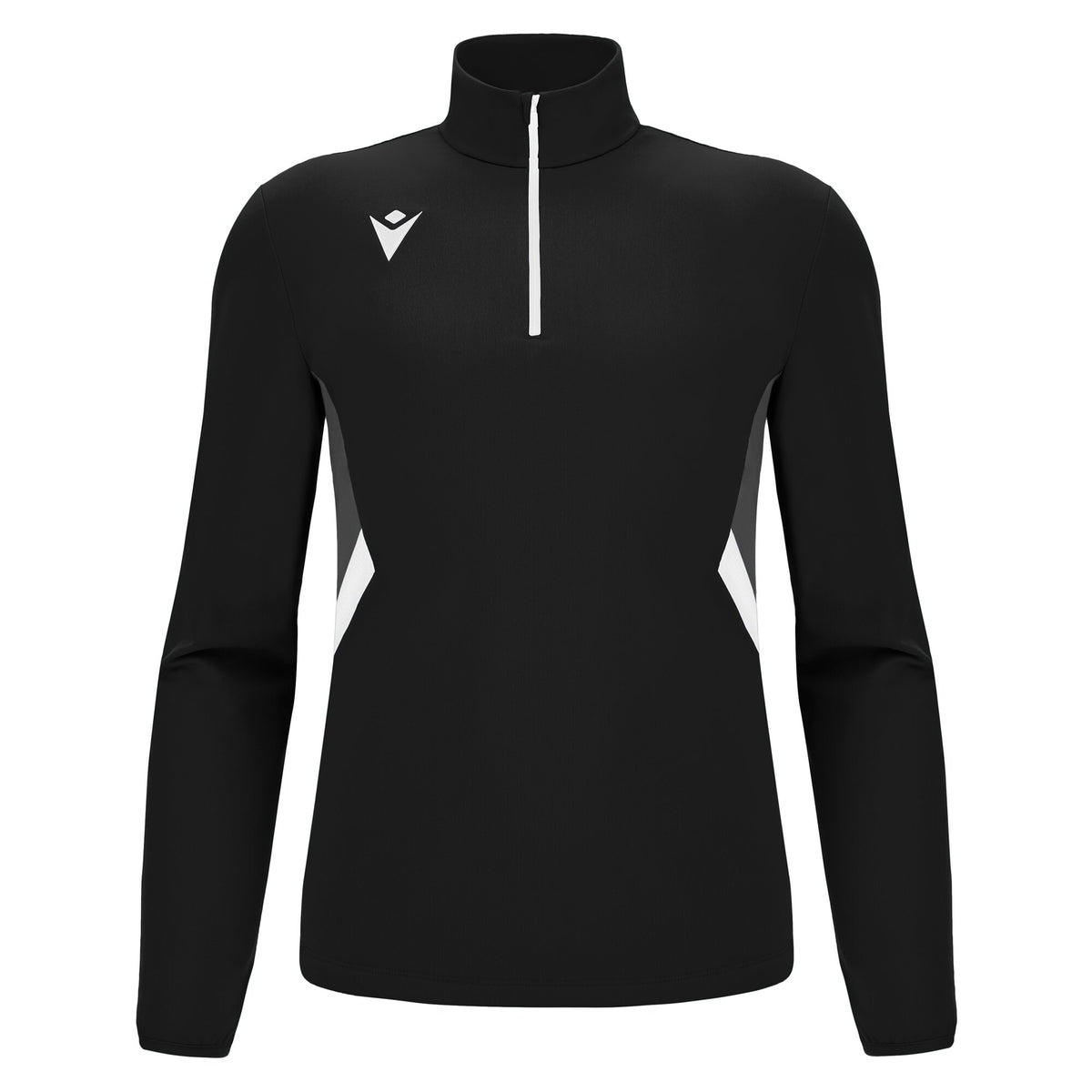 Macron 2026/27 black referee 1/4-zip midlayer with white side panels, front view
