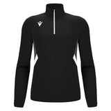 Macron 2026/27 black referee 1/4-zip midlayer with white side panels, front view