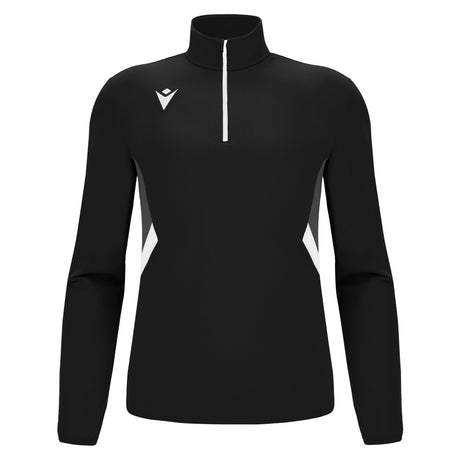 Macron 2026/27 black referee 1/4-zip midlayer with white side panels, front view