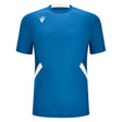 Macron 2026/27 blue referee training top with white side panels, front view