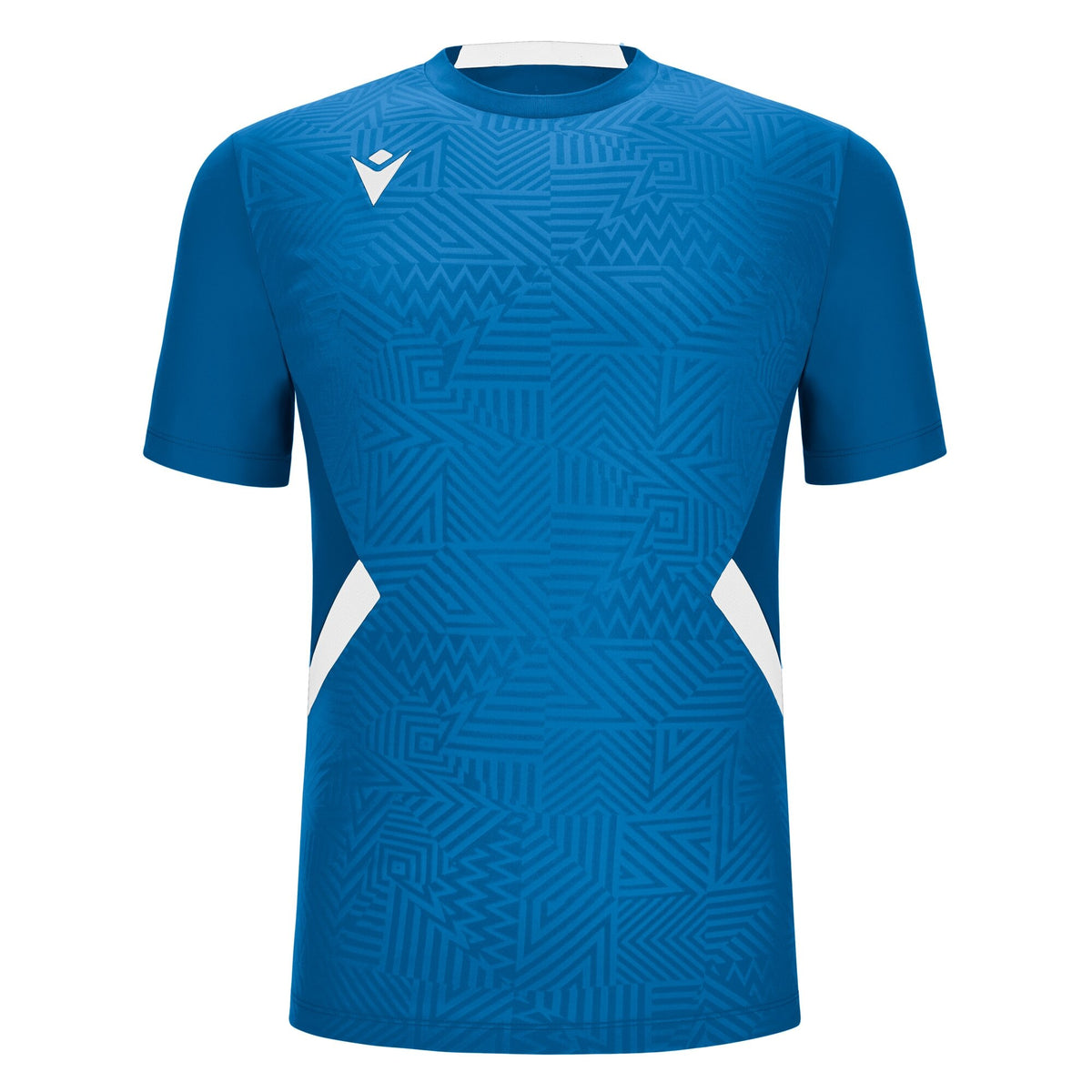 Macron 2026/27 blue referee training top with white side panels, front view