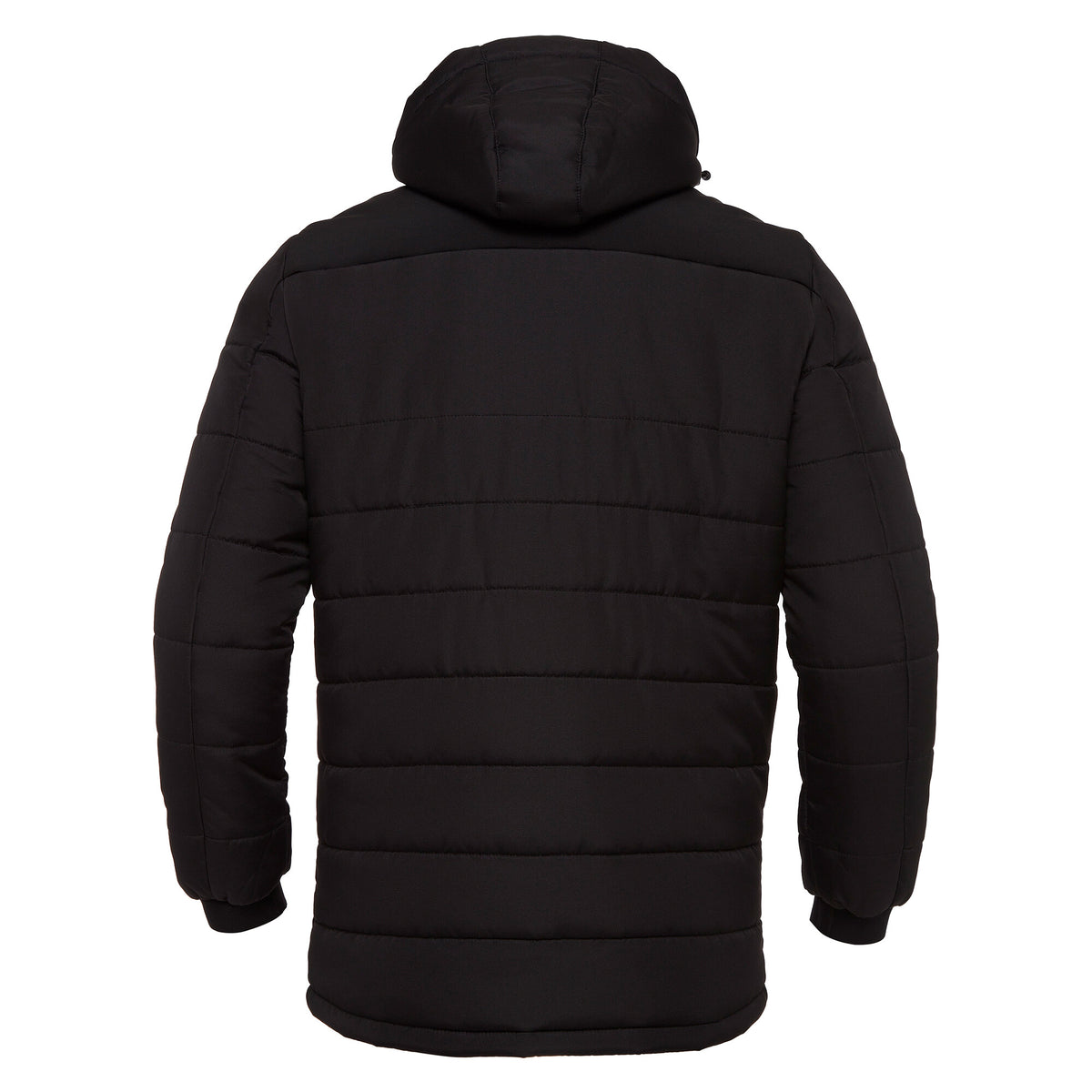 Macron 2026/27 black padded hooded referee winter jacket, back view