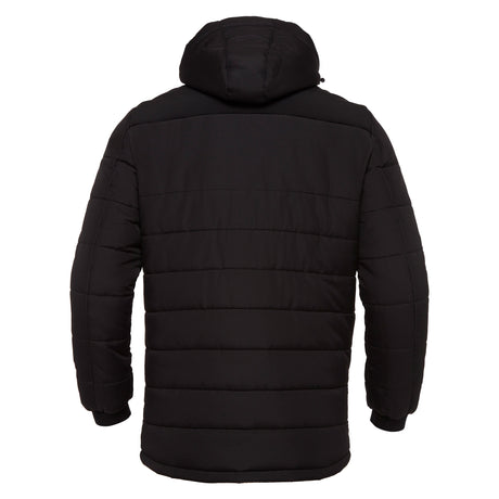 Macron 2026/27 black padded hooded referee winter jacket, back view