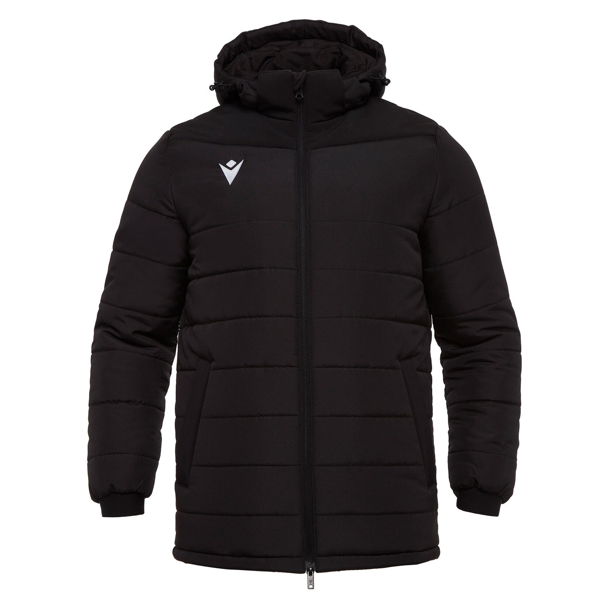 Macron 2026/27 black padded hooded referee winter jacket, front view