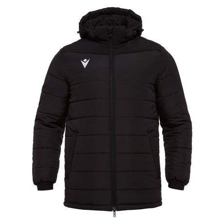 Macron 2026/27 black padded hooded referee winter jacket, front view