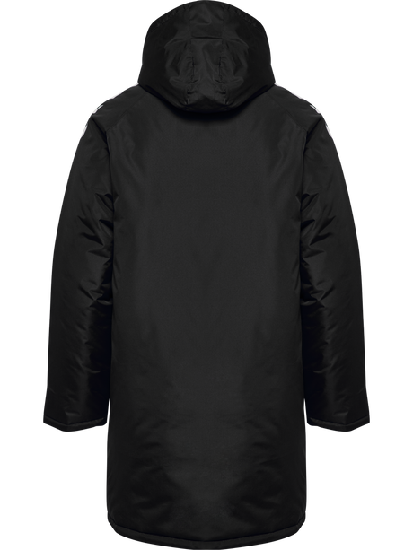 Hummel 2026/28 black long padded hooded referee winter coat, back view