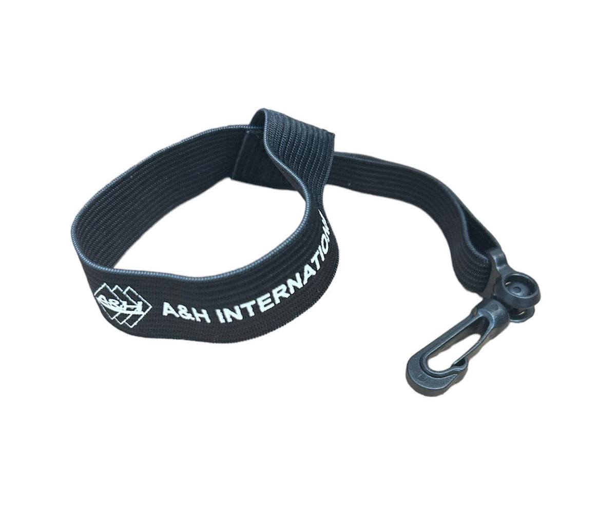 A&H black wrist lanyard with A&H International text and metal clip