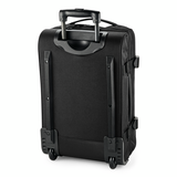 A&H black wheeled roller bag, back view with handle and wheels