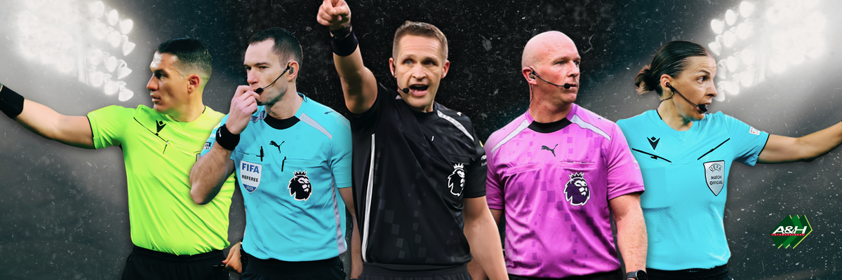 Banner of five professional referees in coloured kits on a floodlit stadium background